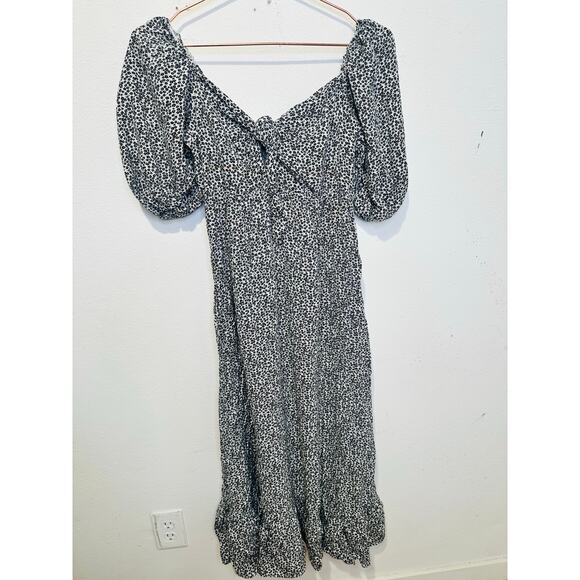 SLATE & WILLOW Women's White Black Ditsy Floral Tie Front Midi Dress Size Small - Picture 3 of 11